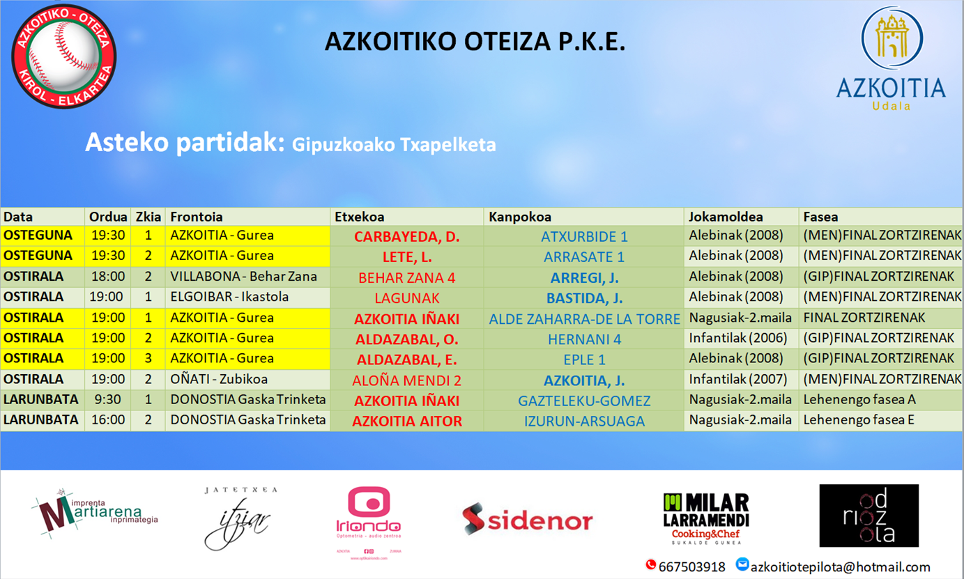 Aste honetako pilota partiden ordutegiak