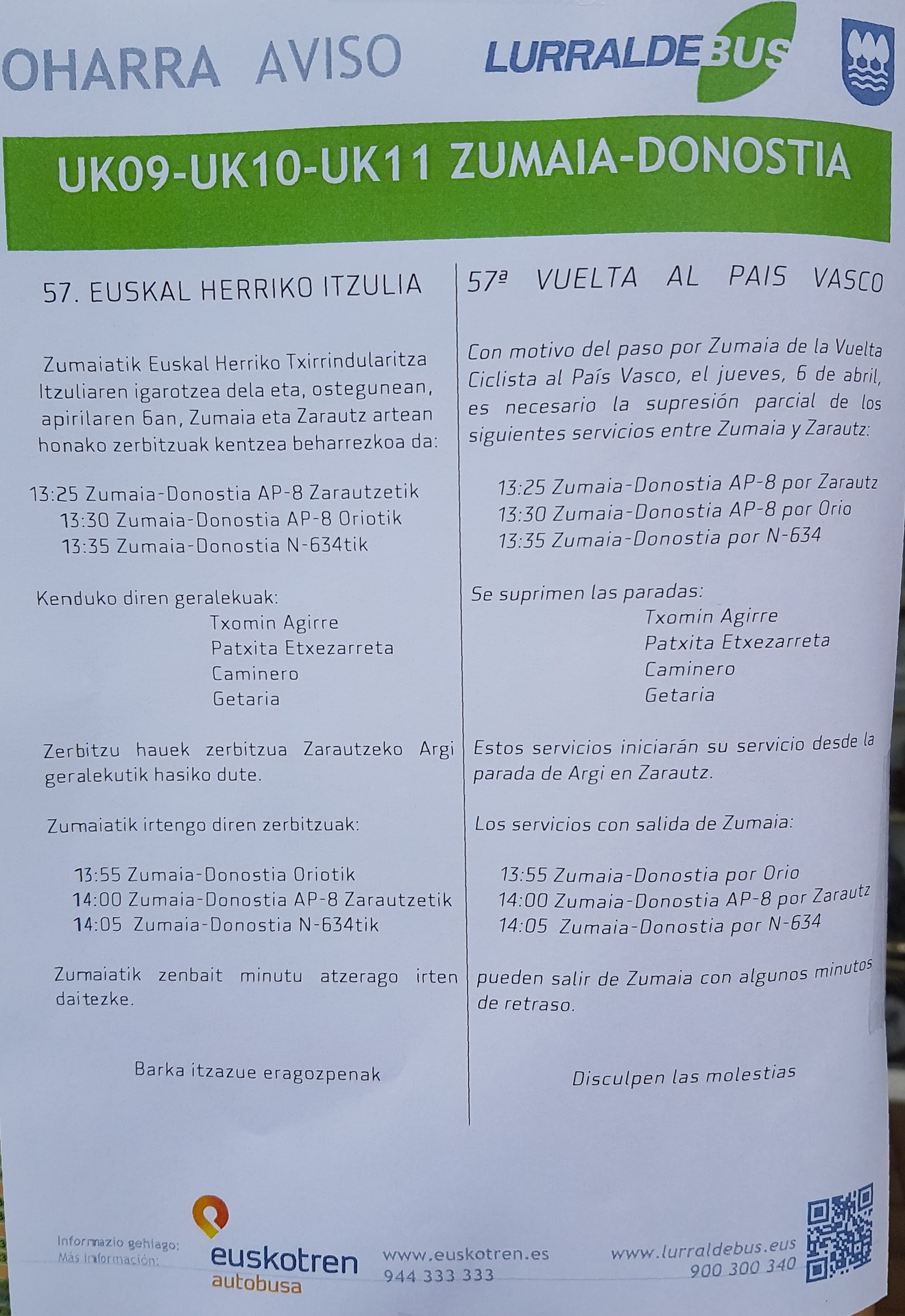 Itzulia dela eta autobus zerbitzuak kenduko dira