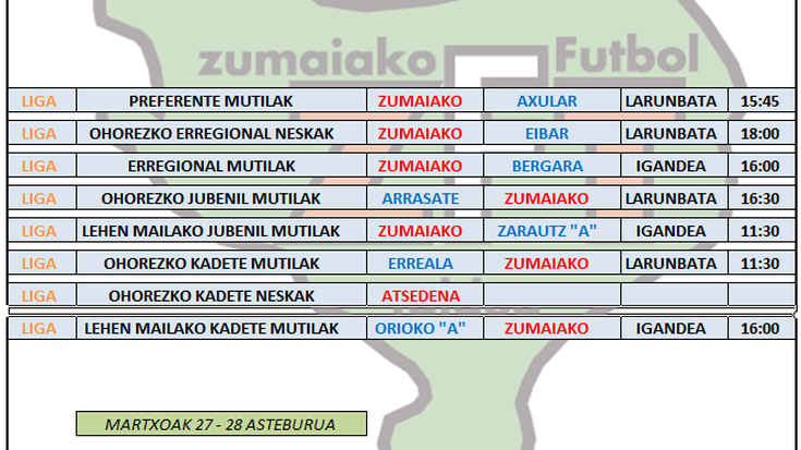 Asteburu honetako futbol partiden ordutegia