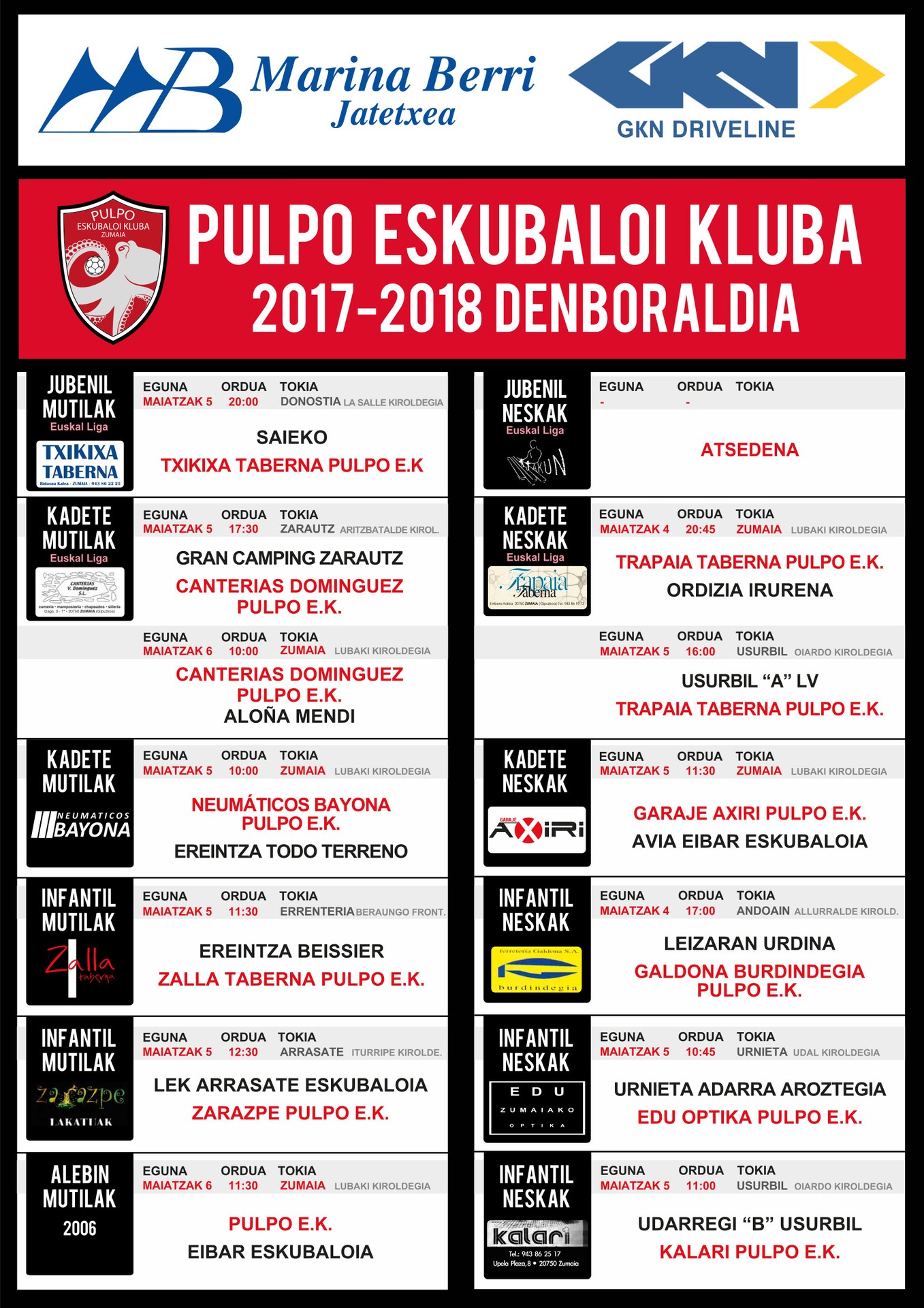 Pulpo Eskubaloiko partiduen ordutegia