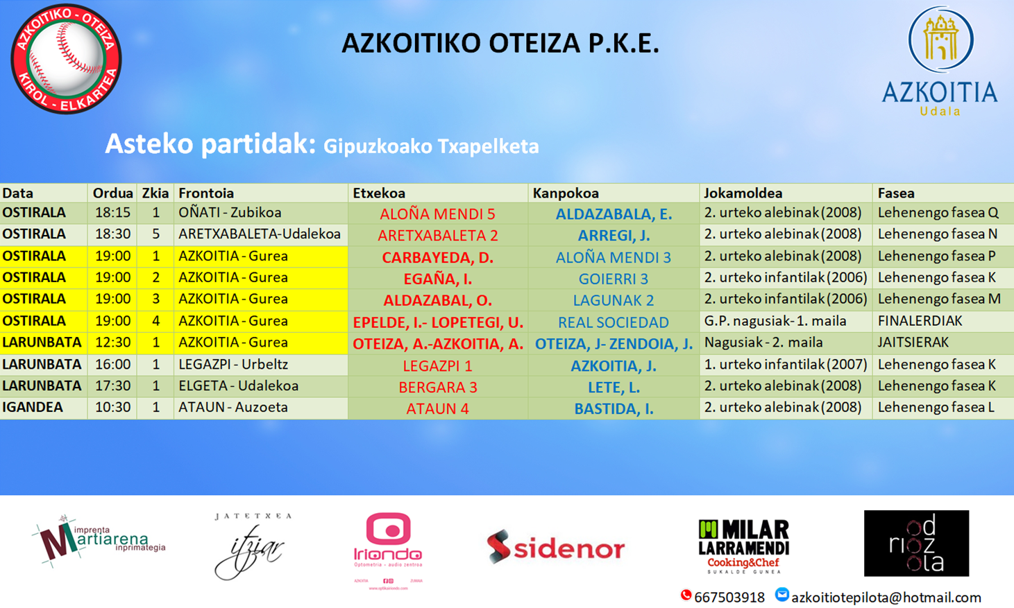 Gipuzkoako Txapelketako aste honetako pilota partiden ordutegiak