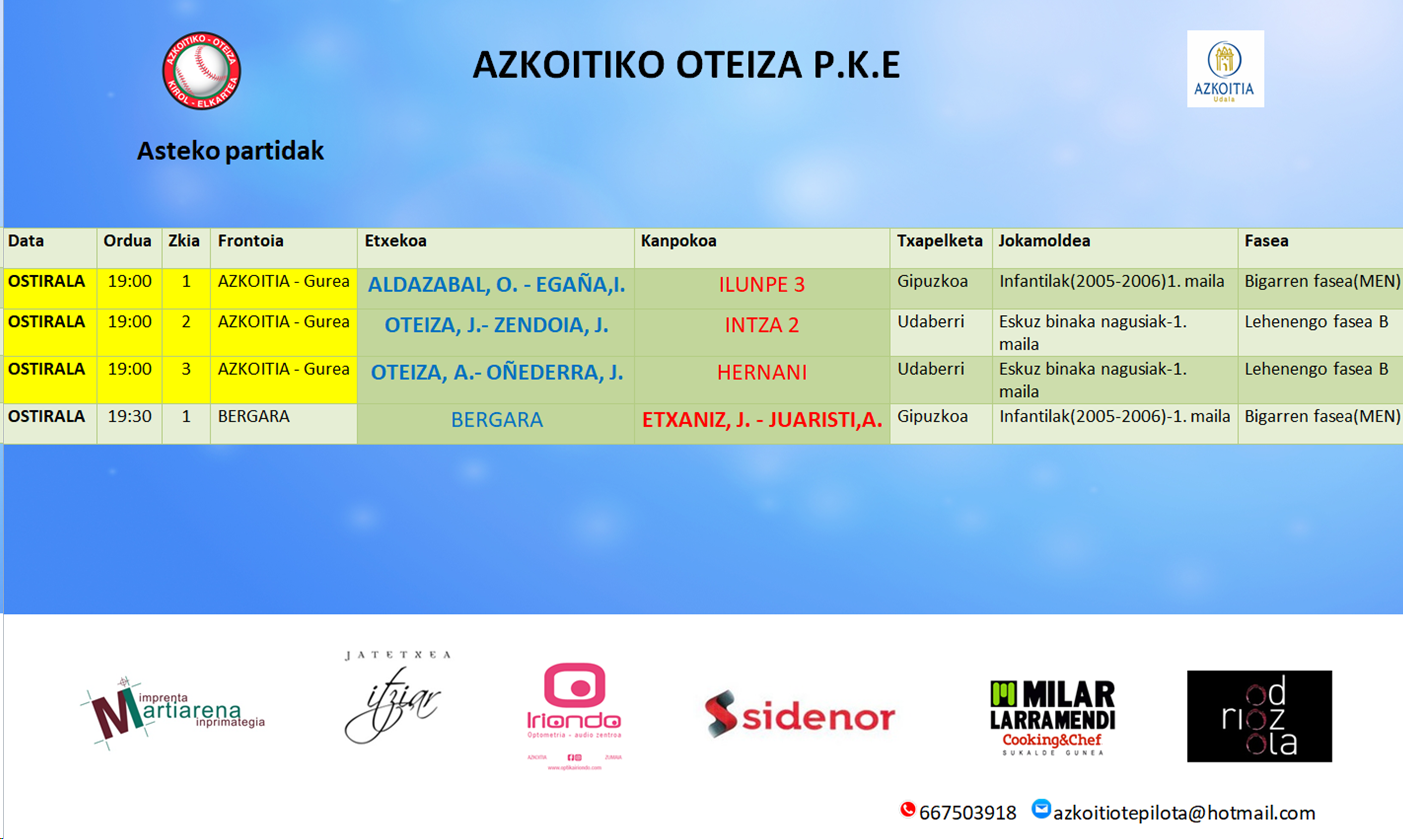 Aste honetako pilota partiden ordutegiak