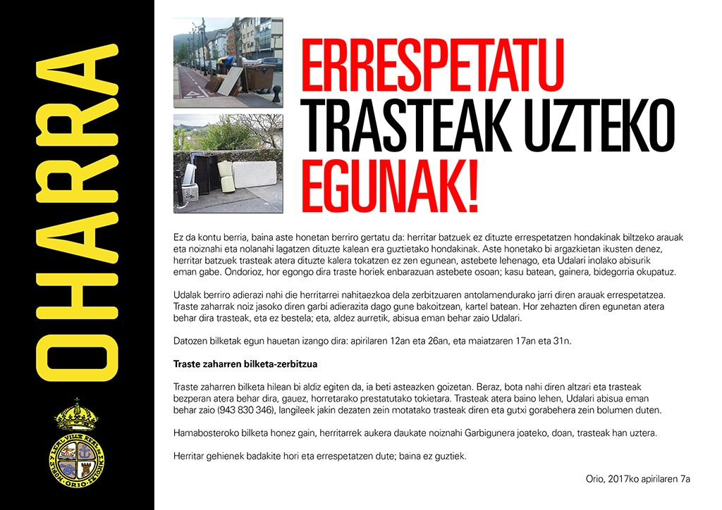 Oharra jarri du Udalak, traste zaharrak jasotzeko egunak errespetatzeko eskatuz