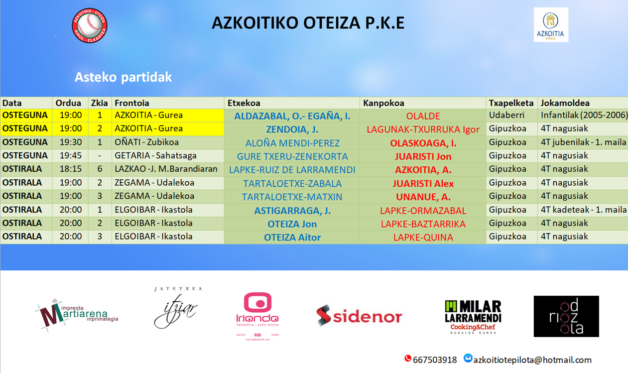 Asteburuko partiden ordutegiak