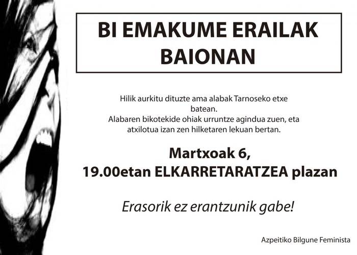 Elkarretaratzea egingo dute gaur Azpeitian, Tarnoseko emakumeen hilketak salatzeko