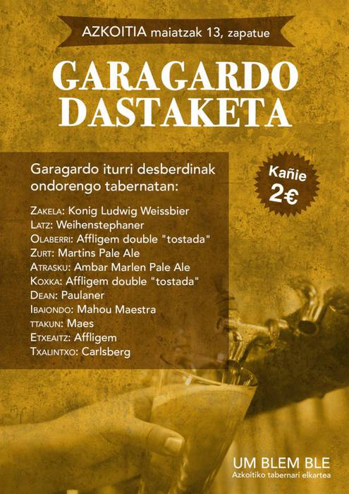 Garagardo dastaketa egingo dute larunbatean Azkoitiko tabernetan