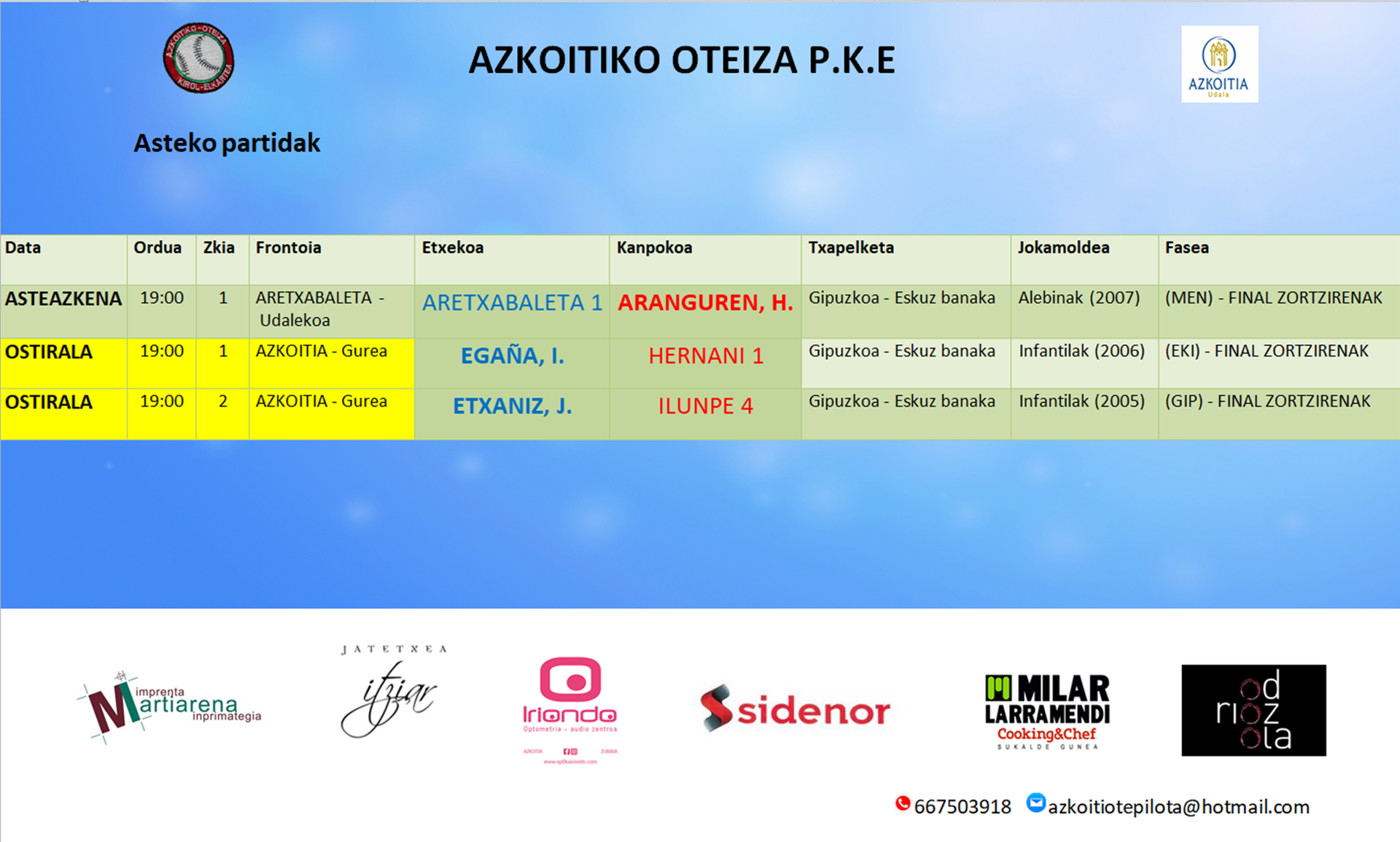 Abenduak 5eko eta 7ko pilota partidak