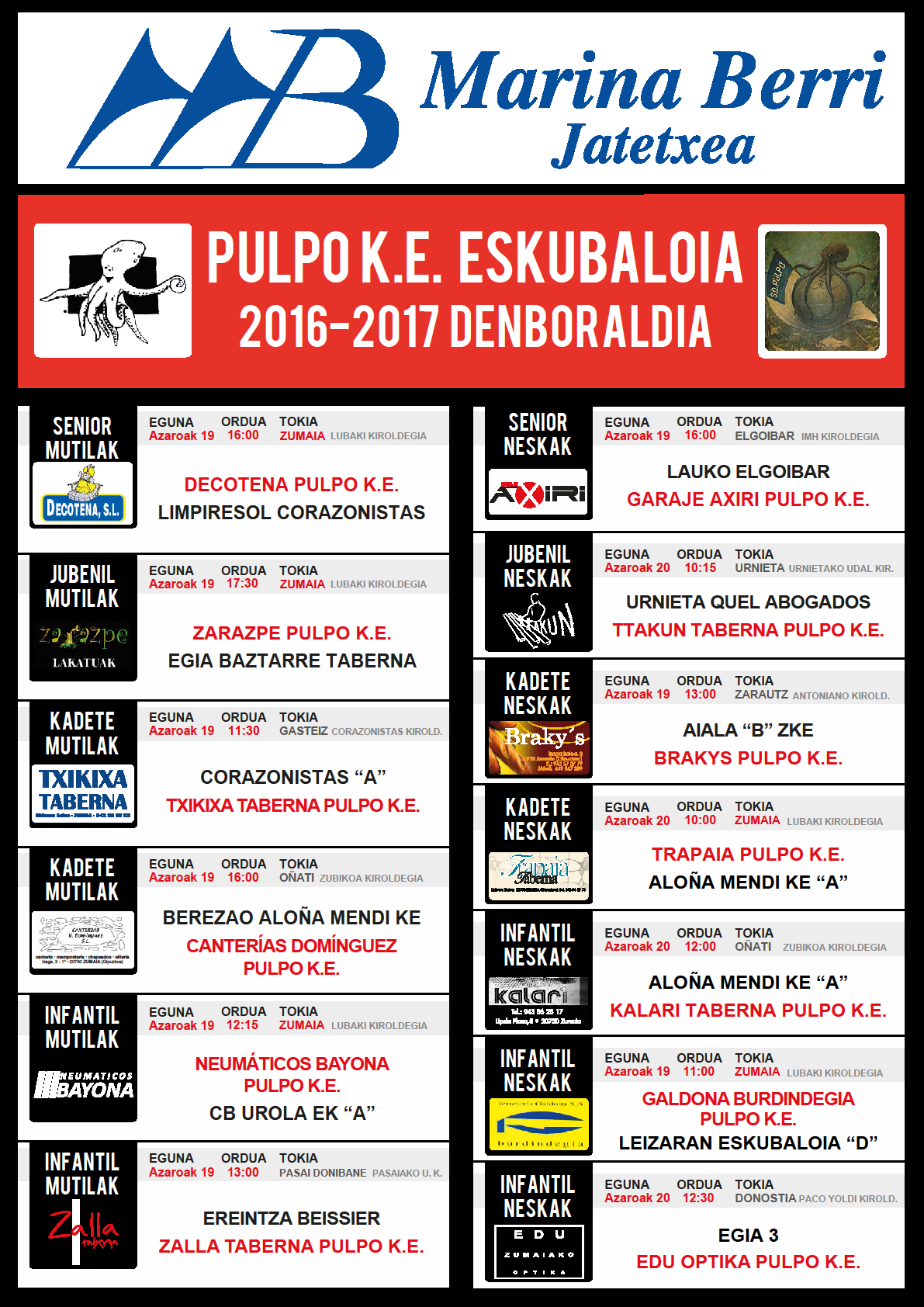 PULPO K.E eskubaloi taldeen aste bukaerako partiduak