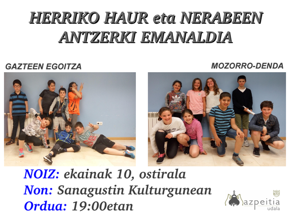 Azpeitiko gaztetxoen antzerki eskolako ikasleek bi antzezlan egingo dituzte ostiralean