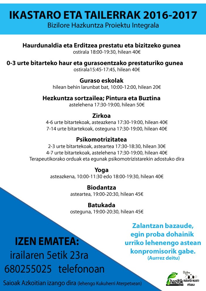 Ikasturte berrirako ikastaro eta tailer eskaintza zabala prestatu du Bizilorek