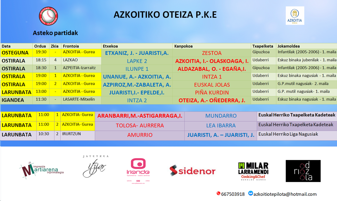 Aste honetako pilota partiden ordutegiak