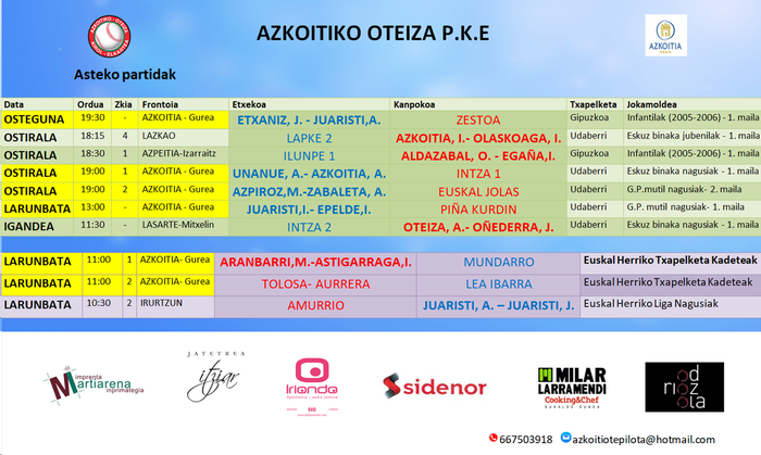 Aste honetako pilota partiden ordutegiak