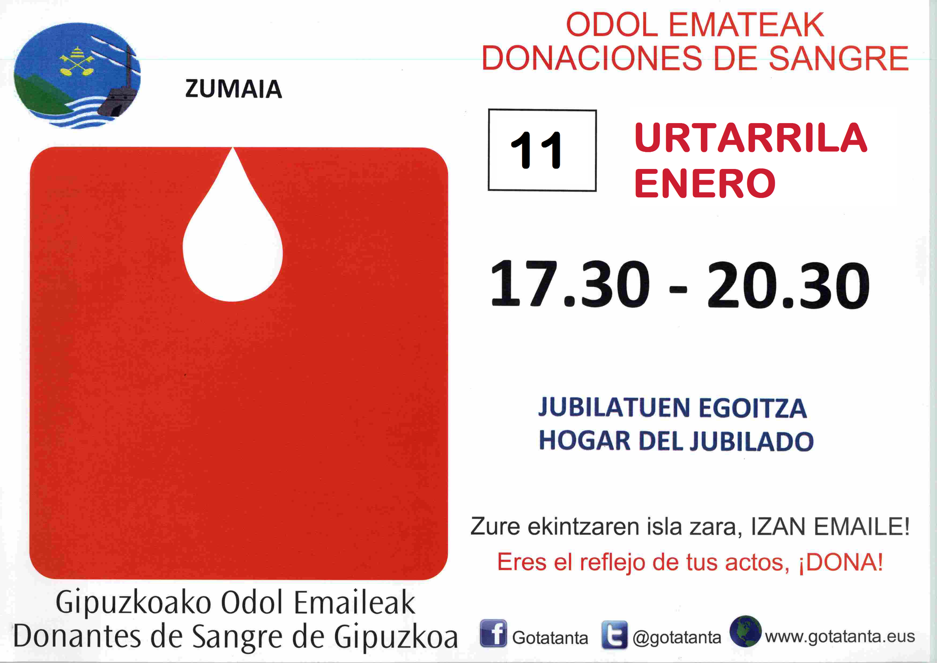 Urtarrilak 11 izango da urteko lehen odol ematea
