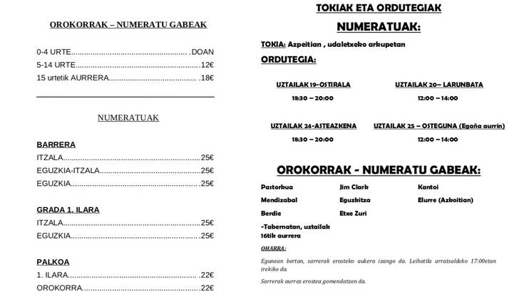 Errekortari txapelketako sarreren prezioak eta salmenta tokiak