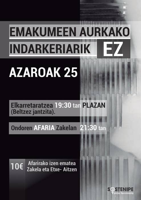 Emakumeen aurkako indarkeriarik ez lemapean, elkarretaratzea eta afaria antolatu ditu Sostenipek