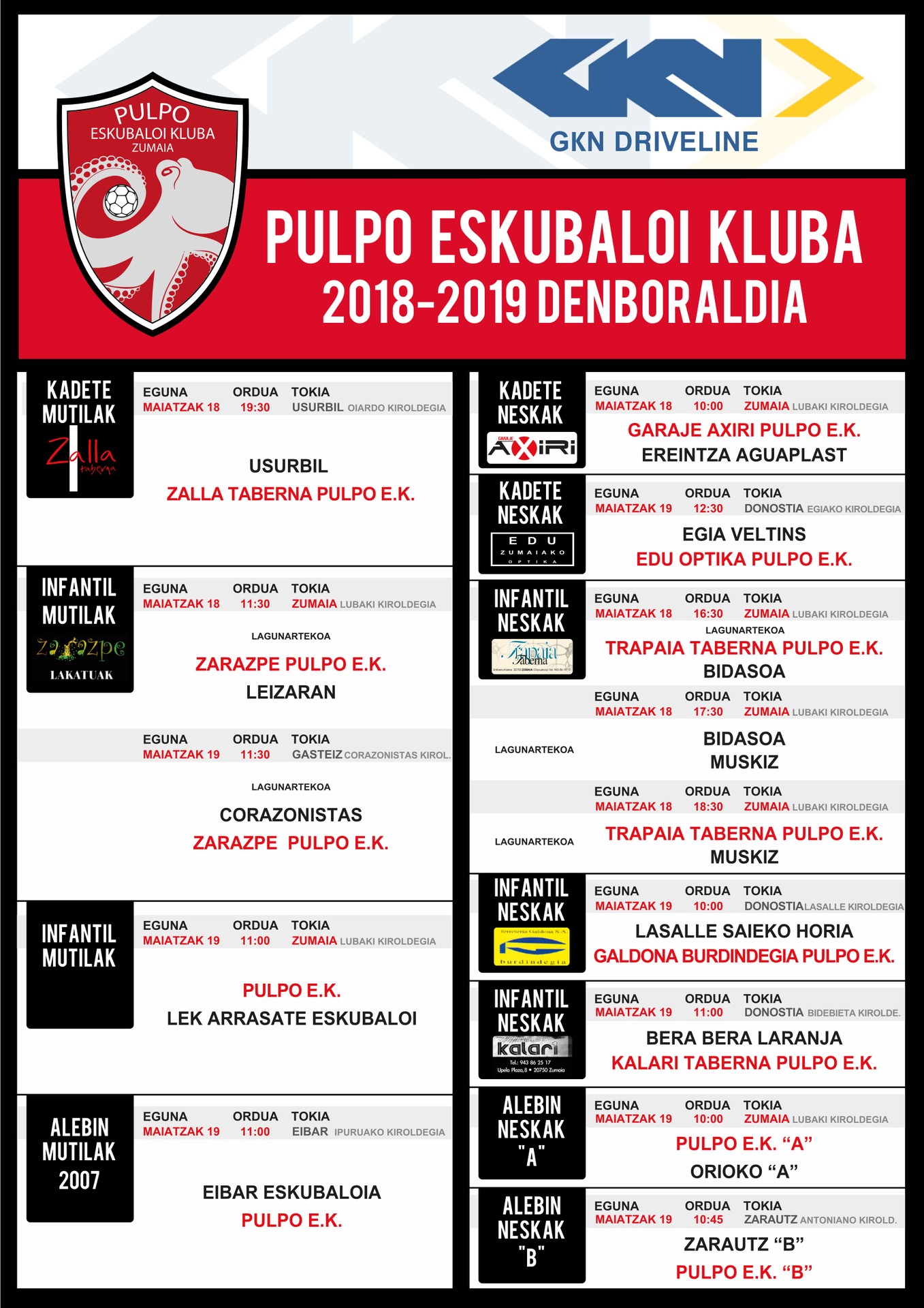 Pulpo Eskubaloiko partiduen ordutegia
