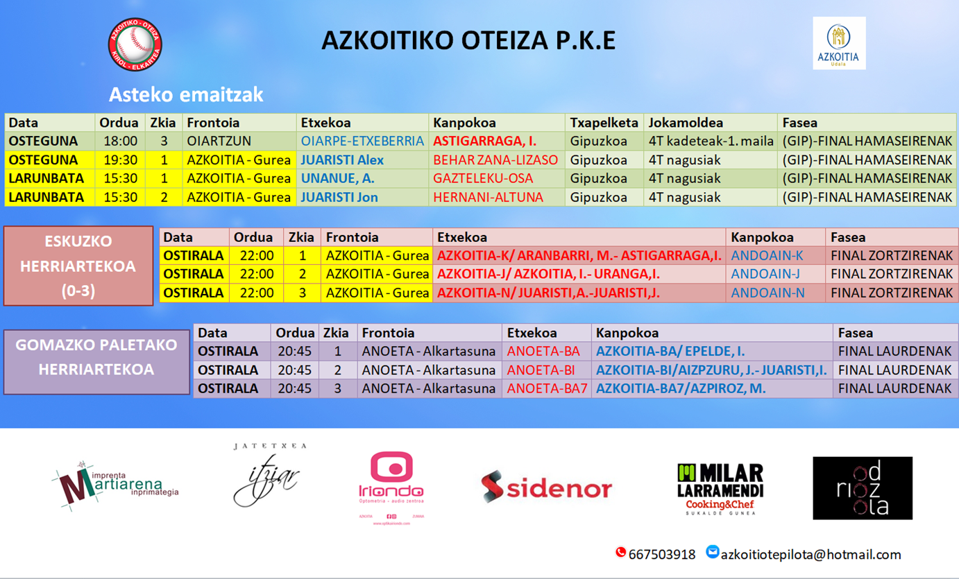Asteburuko pilota partiden ordutegiak