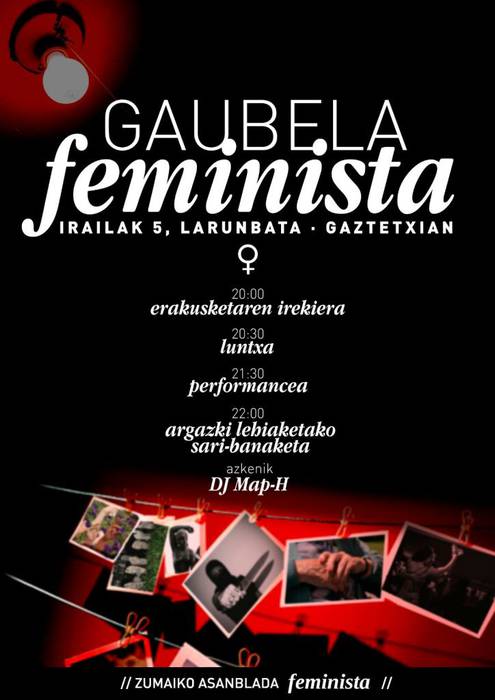 Gaubela feminista egingo dute larunbatean Zumaiako Gaztetxean