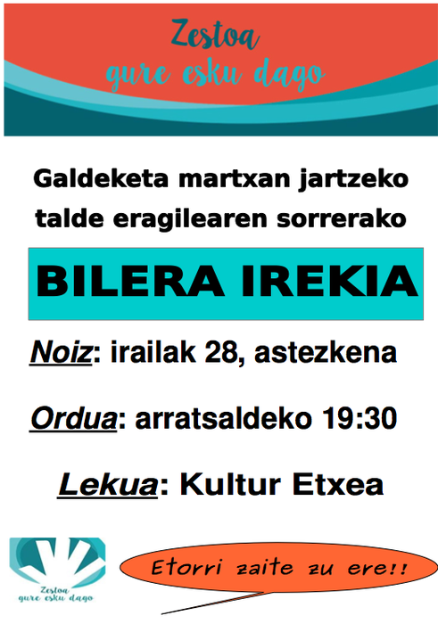 Zestoako Gure Esku Dagok bilera irekia egingo du asteazkenean