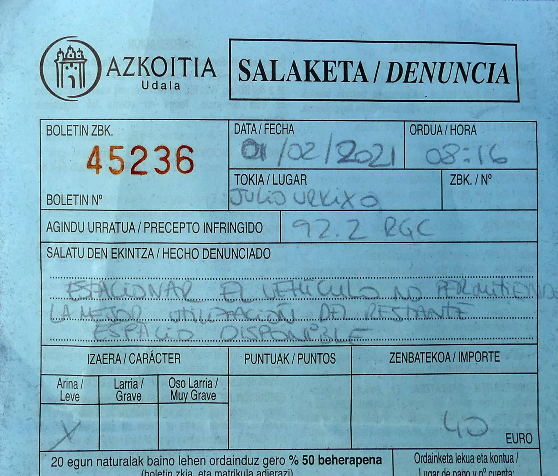 Kejie ta desditxie: "Isuna espainolez idatzita"