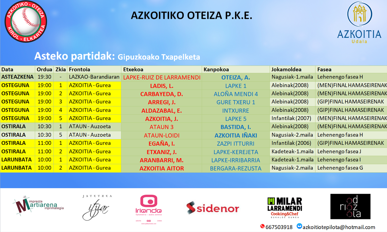 Aste honetako pilota partiden ordutegiak