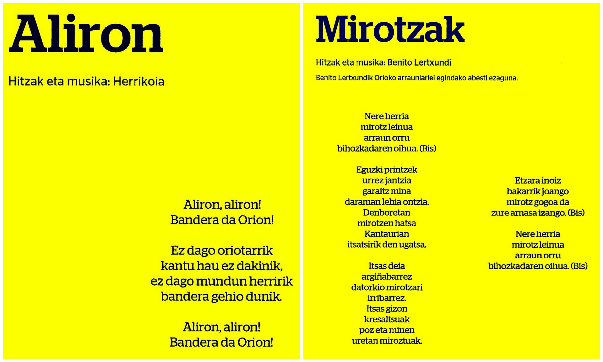 Aliron eta Mirotzak abestien letrak