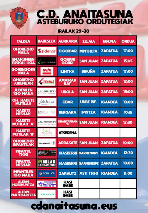 Irailak 29-30 asteburuko partiden ordutegiak