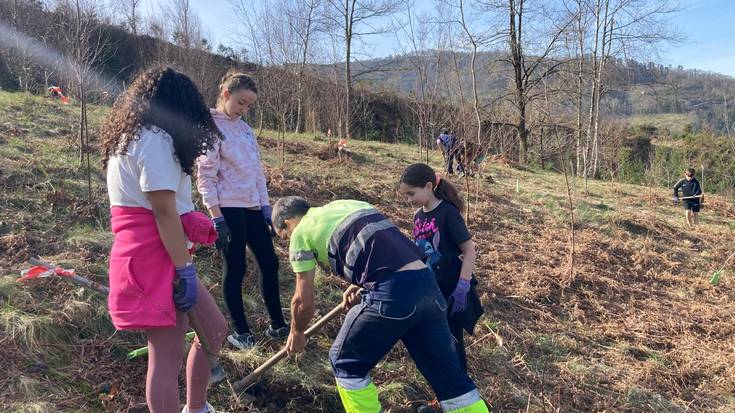 Dozenaka ikaslek zuhaitzak landatu dituzte Munoaundiko basoan