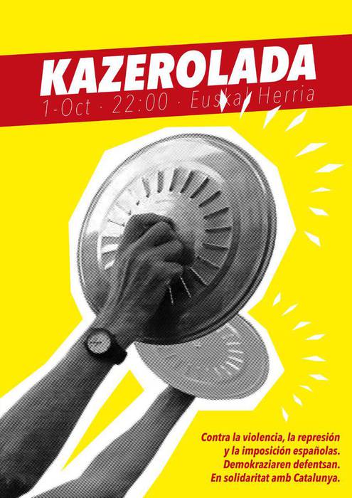 Kataluniaren alde eta Espainiaren errepresioaren kontra kazerolada deitu dute gaurko