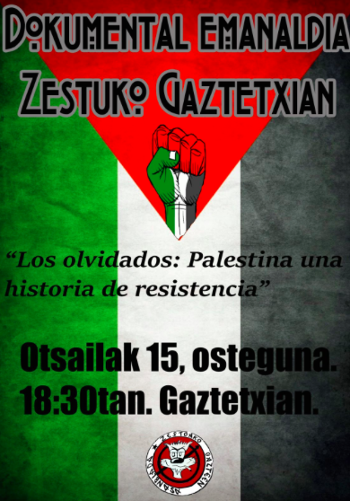 Palestinari buruzko dokumentala emango dute bihar Zestoako Gaztetxean