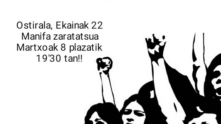 Justizia patriarkalaren aurkako manifestazio zaratatsua egingo da arratsaldean