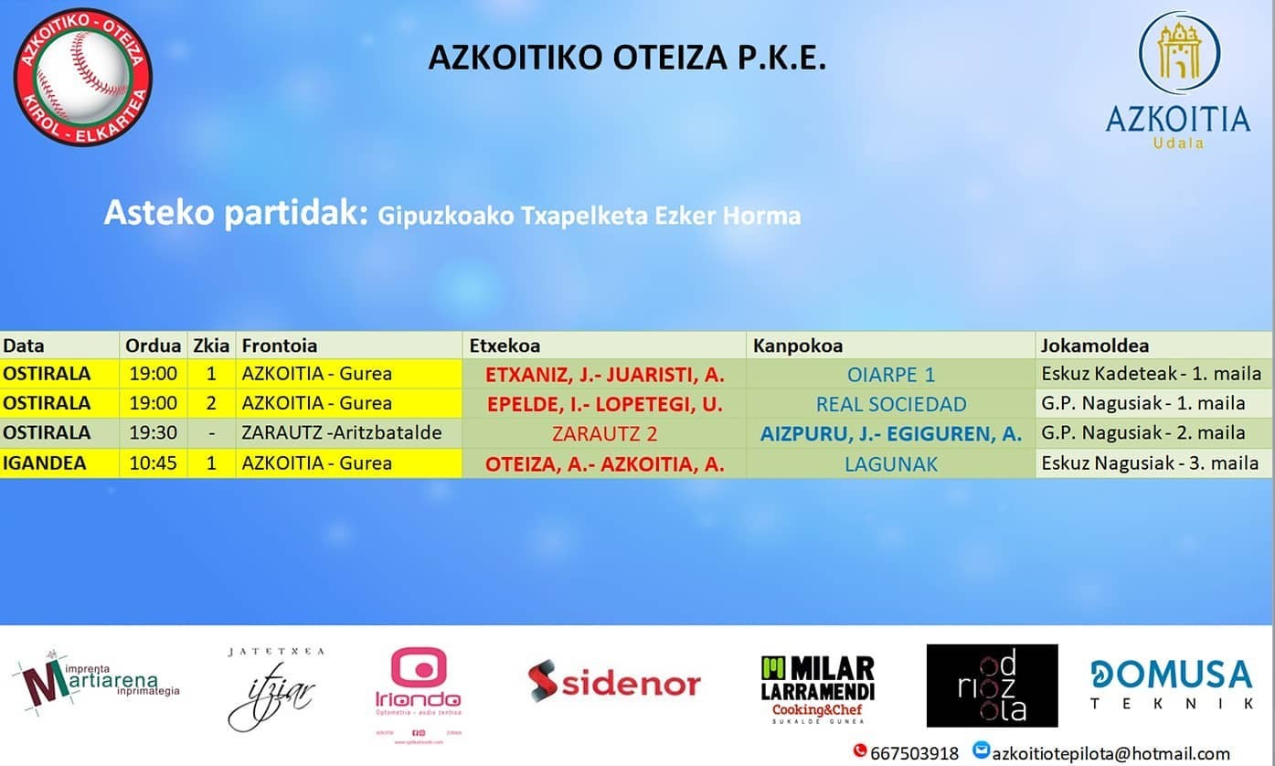 Aste honetako pilota partiden ordutegiak