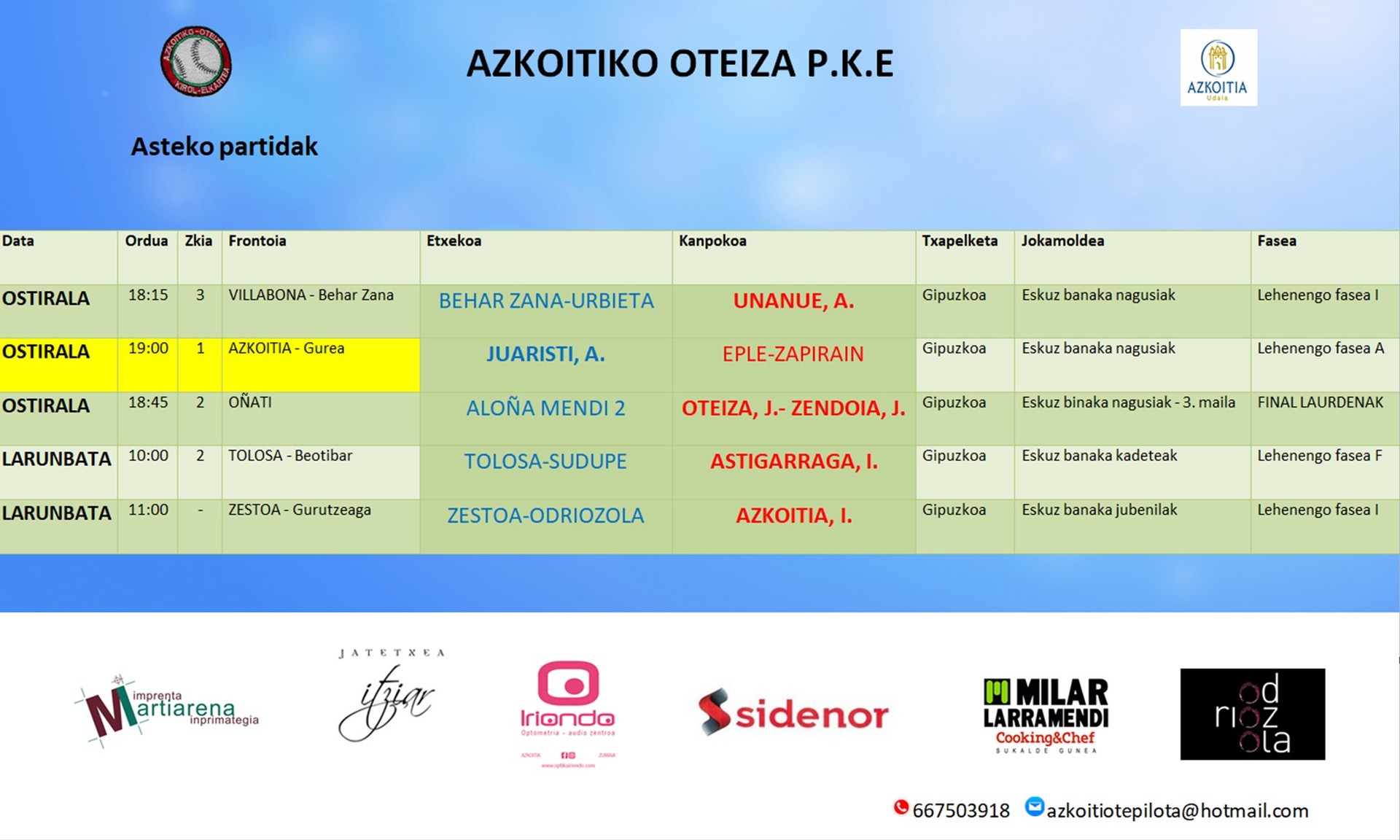 Azaroak 23 eta 24 egunetako pilota partidak