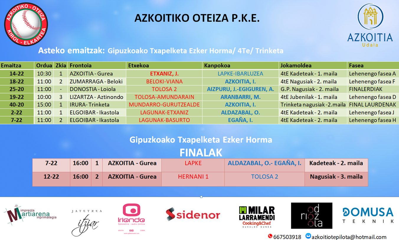 Asteburuko pilota partiden emaitzak