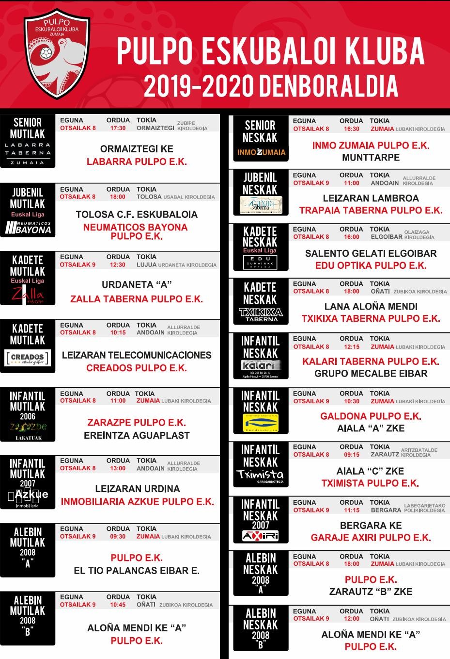 Pulpo Eskubaloiak asteburuan jokatuko dituen partiduen ordutegia