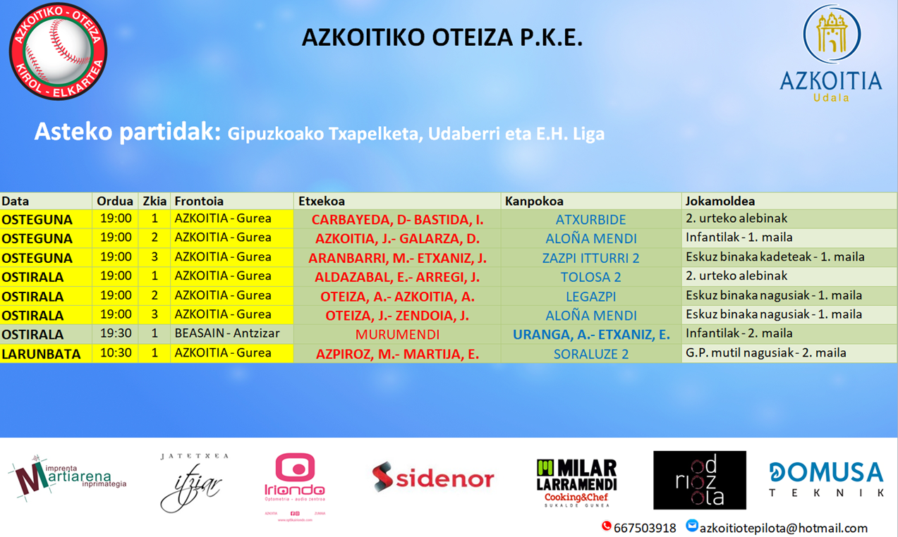Aste honetako pilota partiden ordutegiak