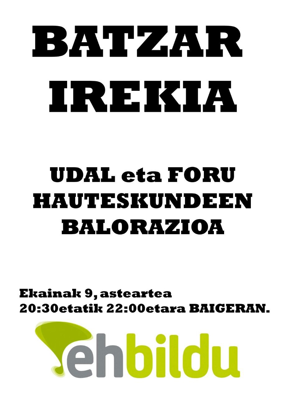 Udal eta foru hauteskundeen balorazioa egiteko batzarra egingo du bihar EH Bilduk