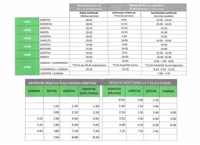 Gabon gauean eta Urte Zahar gauean autobus zerbitzu bereziak izango dira