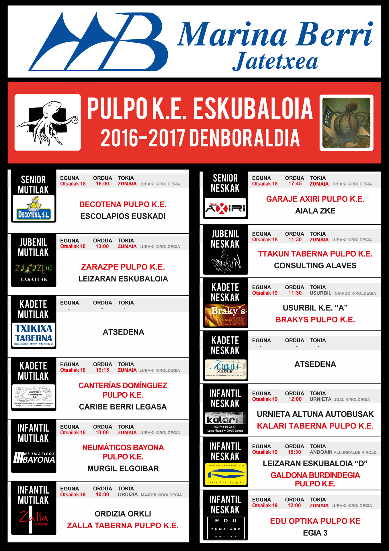 Pulpo Eskubaloiko partiduen ordutegia