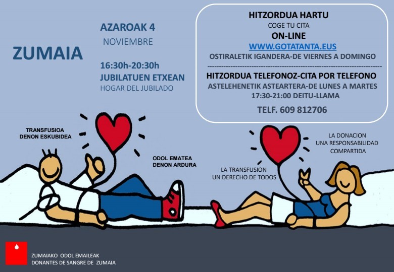Zumaian Azaroan odol ematerako txandak hartzeko epea ireki da