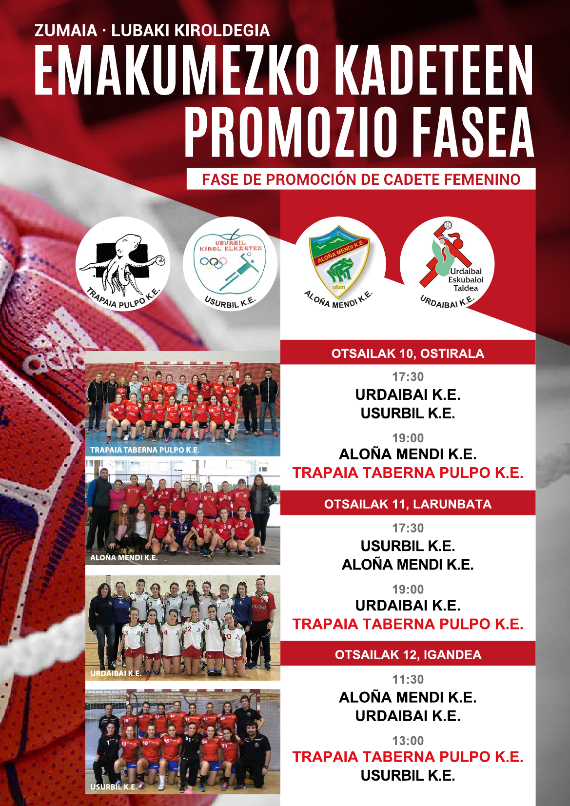 Trapaia Tabernak emakumezko kadeteen promozio fasea Zumaian jokatuko du