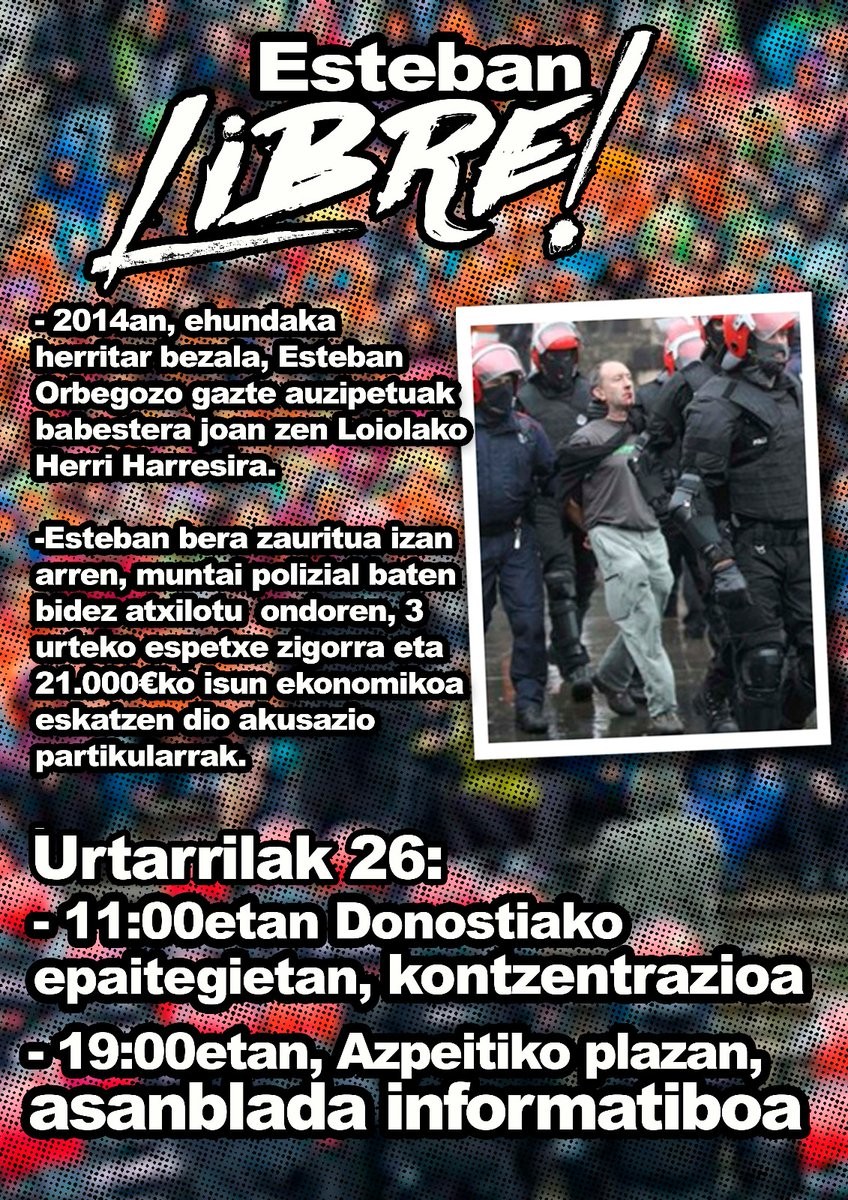 Azpeitiko Librek Esteban Orbegozori babesa emateko mobilizazioetan parte hartzeko deia egin du
