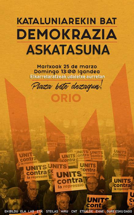 Kataluniarekin bat egiteko elkarretaratzea egingo dute bihar Orion