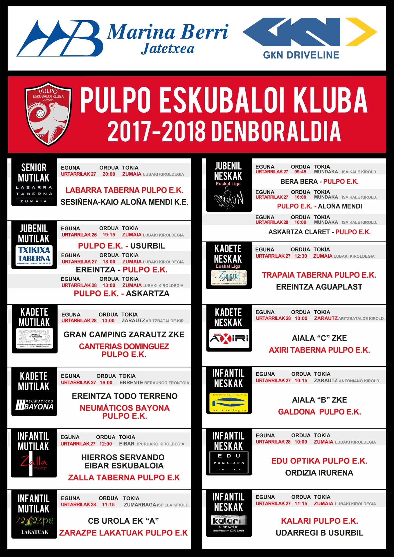 Pulpo Eskubaloiko partiduen ordutegia