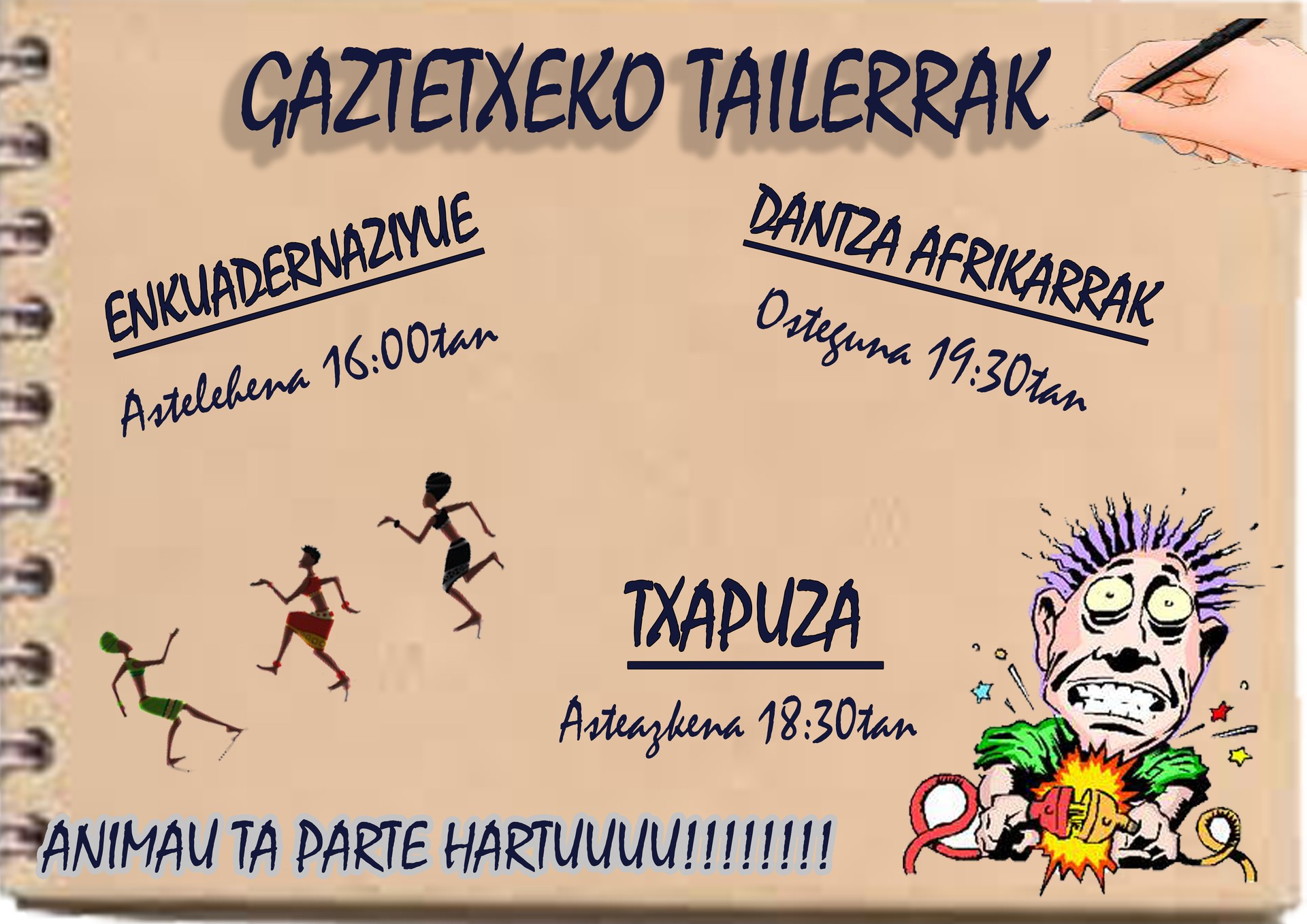 Enkuadernazio, txapuza eta dantza afrikarren tailerrak, astero Gaztetxean