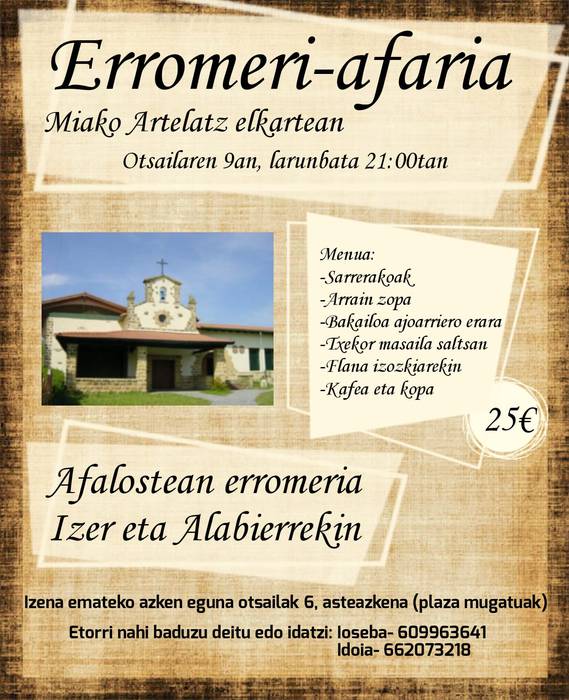 Erromeri afaria antolatu dute larunbaterako Meagako Artelatz elkartean