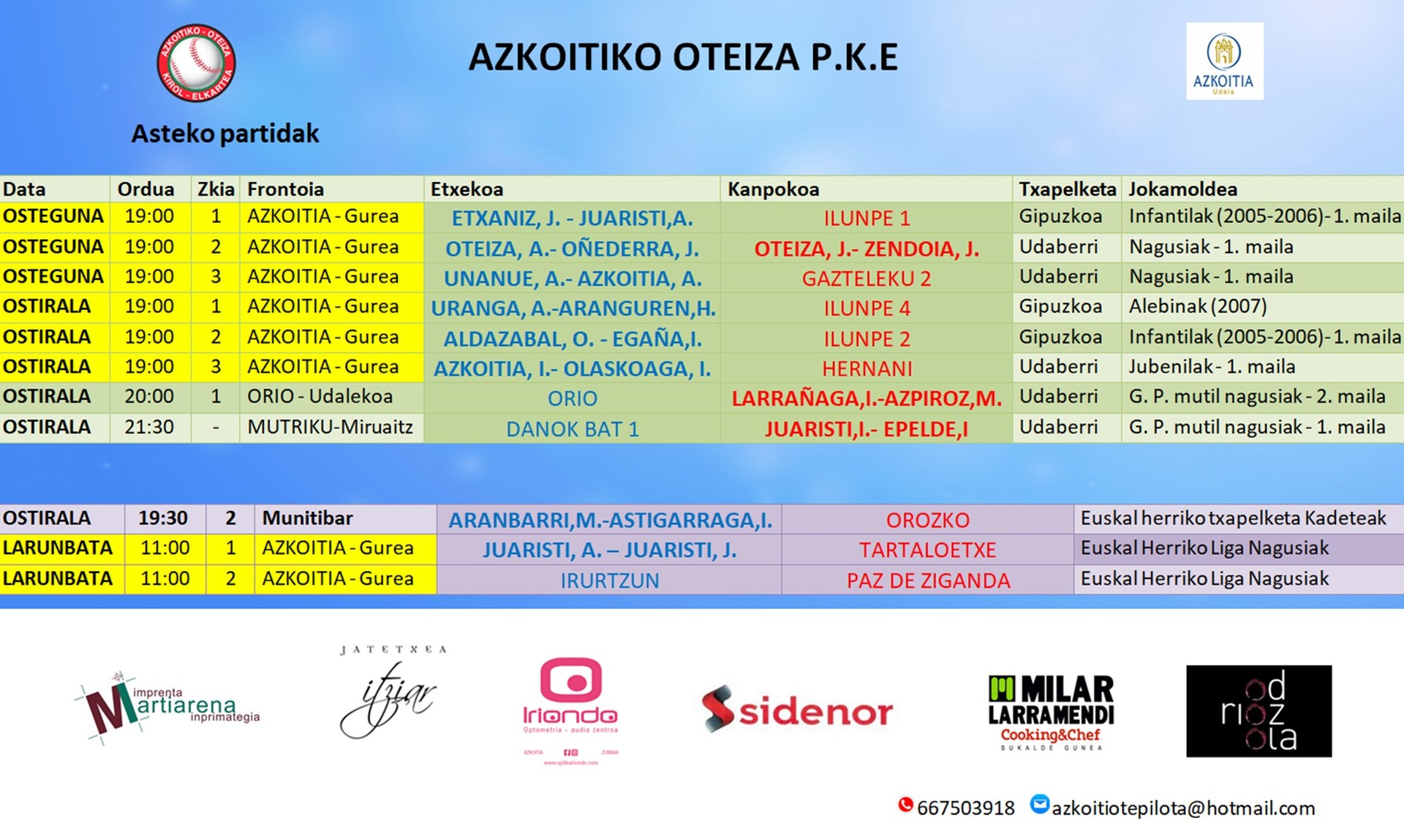 Urtarrilaren 10etik 12ra bitarteko pilota partidak