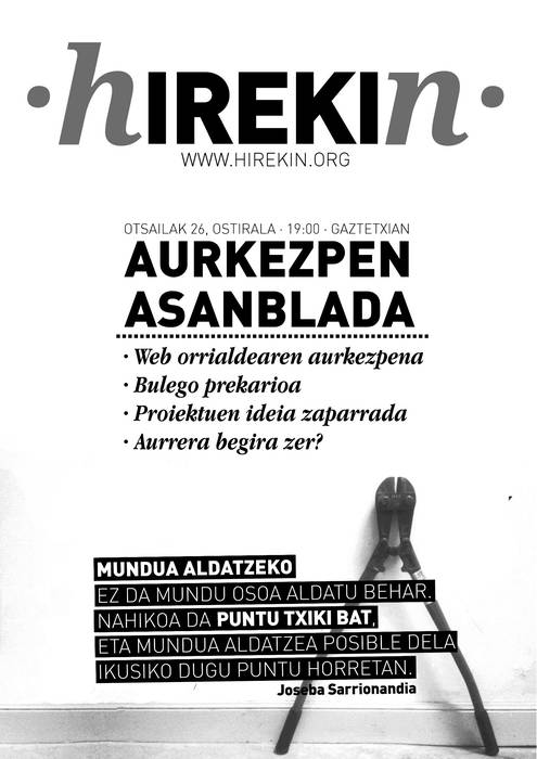 hIREKIn taldearen aurkezpen asanblada egingo da ostiralean, Gaztetxean