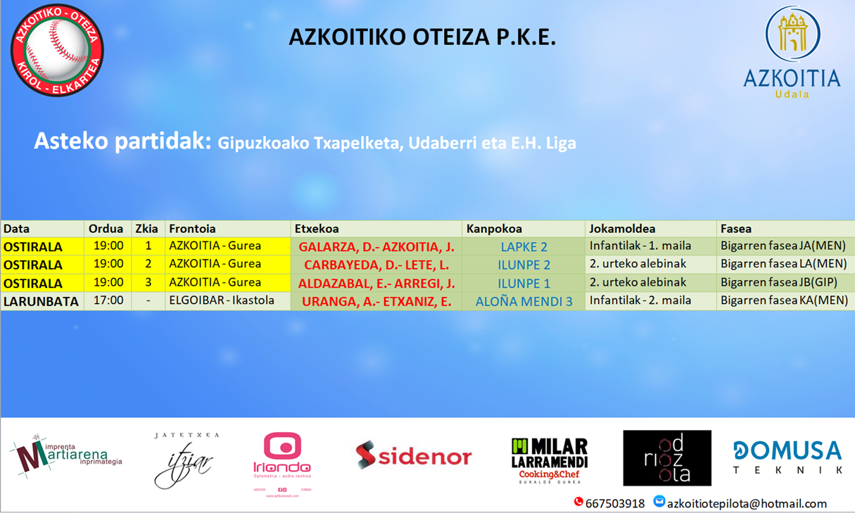 Aste honetako pilota partiden ordutegiak