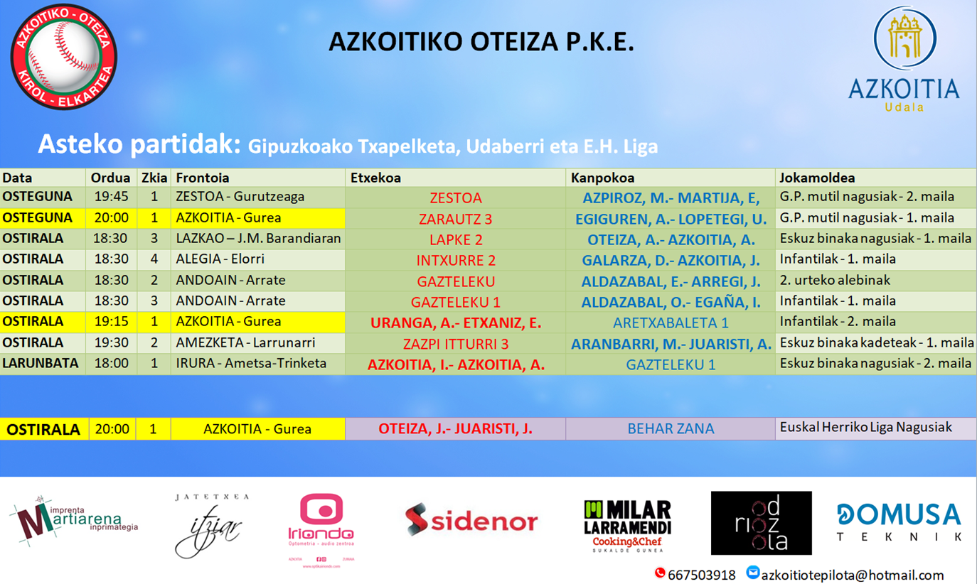 Aste honetako pilota partiden ordutegiak
